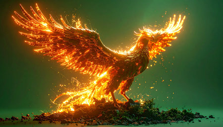 From a pile of smoldering embers, a magnificent phoenix is reborn, spreading its fiery wings in a powerful display of renewal and eternal life. This legendary creature symbolizes overcoming adversity, transformation, and the triumphant start of a new cycle.の素材