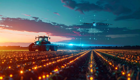 As twilight settles over the landscape, an autonomous tractor uses advanced AI and sensor technology to scan and nurture glowing crops. This image represents the future of agriculture, where data-driven precision farming ensures sustainable growth and efficiency for global food production.の素材