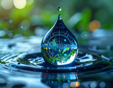 A single, perfect droplet of water holds the vision of a future city, reflecting a glowing skyline within its sphere. As it falls towards the surface, creating gentle ripples, it symbolizes the delicate balance between urban innovation and the essential purity of nature, a concept of hope for a sustainable world.の素材