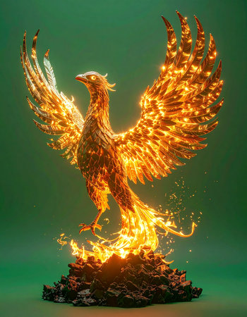 From a smoldering pyre of what once was, a magnificent phoenix is reborn. With wings of brilliant fire and glowing embers, it rises against a calm green backdrop, a powerful and eternal symbol of renewal, resilience, and the triumphant start of a new cycle. This is a visual metaphor for overcoming adversity and embracing transformation.の素材