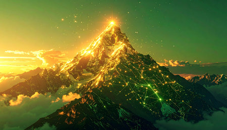 A legendary mountain peak pierces through a sea of clouds at sunset, its summit glowing with golden light and the twinkling lights of a hidden city. This epic landscape symbolizes the pinnacle of achievement, a magical destination representing success, ambition, and reaching new heights.の素材