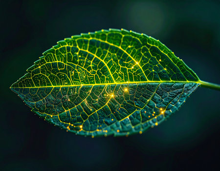 A single leaf glows from within, its intricate veins transformed into a luminous circuit board. This macro photograph captures a powerful concept where biology and digital technology merge, symbolizing green innovation, data flow in nature, and the future of sustainable energy.の素材