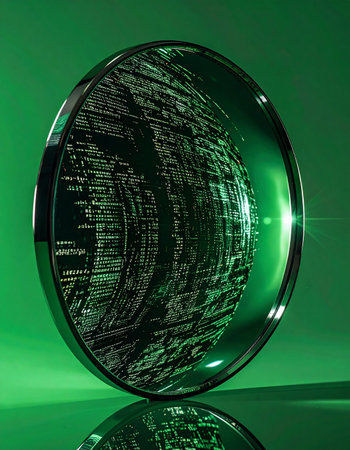 A gleaming silicon wafer stands against a vibrant green backdrop, its intricate circuits reflecting the future of digital innovation. This macro view captures the complexity and precision at the heart of modern technology, symbolizing progress, data processing, and the powerful core of the digital age.の素材
