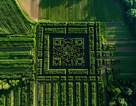 An aerial drone perspective captures the stunning intersection of modern technology and traditional agriculture. A massive green cornfield has been intricately carved into a labyrinth with a functional QR code at its heart, symbolizing the connection between the digital world and the natural environment.の素材