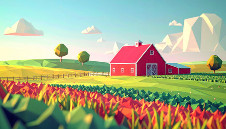 A charming red barn sits nestled among vibrant, rolling green hills under a clear blue sky. In the foreground, a colorful field of low-poly tulips blooms, creating a picturesque and peaceful digital landscape. This idyllic scene evokes a sense of tranquility, simplicity, and the quiet beauty of rural life in a stylized, geometric world.の素材