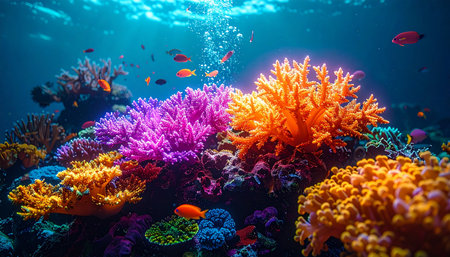 A breathtaking underwater scene unfolds, showcasing a vibrant coral reef in a symphony of electric colors. Sunlight filters through the clear blue water, illuminating the intricate textures of purple and orange corals as small tropical fish gracefully swim through their natural, thriving habitat. This image captures the serene beauty and rich biodiversity of a healthy marine ecosystem.の素材
