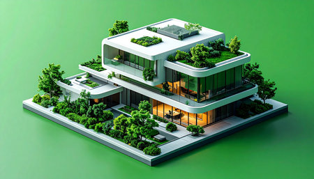 An isometric model showcases the future of urban living. This modern building seamlessly integrates nature with technology, featuring lush rooftop gardens and expansive glass walls. It represents a vision for sustainable development, where architecture exists in harmony with the environment.の素材