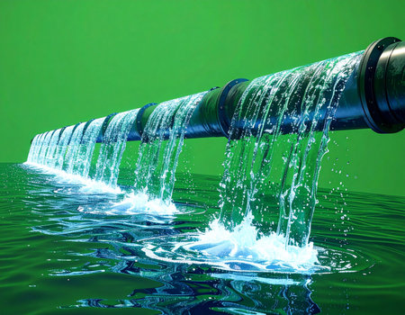 A large industrial pipe shows multiple leaks, with streams of clean water cascading into the reservoir below. Set against a green screen, this image symbolizes concepts like resource mismanagement, infrastructure decay, financial loss, or data breaches, offering a versatile visual for environmental, industrial, and technological themes.の素材