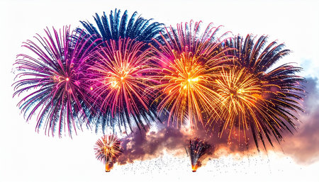 A spectacular explosion of vibrant colors bursts across the frame, isolated against a clean white background. This dynamic firework display captures the peak moment of celebration, perfect for conveying joy, success, and festive excitement for any special occasion.の素材