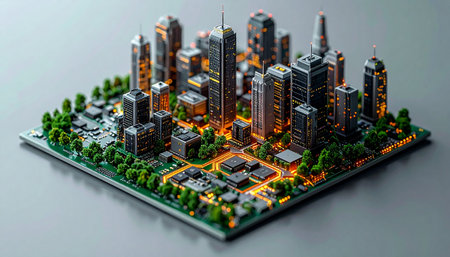 A detailed miniature metropolis glows with vibrant city lights, intricately built upon the complex pathways of a computer circuit board. This image visualizes the concept of a smart city, where urban infrastructure, data, and technology seamlessly integrate to power the future of society.の素材