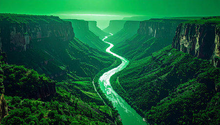 A luminous emerald river carves its path through a deep, mysterious canyon, bathed in an otherworldly green glow. This surreal landscape evokes a sense of fantasy and adventure, inviting the viewer on a journey into an unknown, magical world.の素材