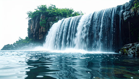 From a low-angle perspective, a powerful curtain of water thunders over a rugged, tree-lined cliff into a tranquil basin. The scene captures the raw, untamed beauty of nature, inviting a sense of adventure and serene escape into the wilderness.の素材