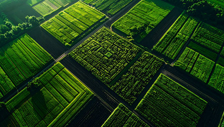 An intricate corn maze, a living puzzle carved into the vibrant green landscape, awaits discovery from a breathtaking aerial perspective. This top-down view captures the complexity and challenge of the journey, symbolizing strategy, problem-solving, and the path to a solution amidst natures patterns.の素材