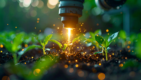 In a glimpse of the future, an advanced AI-powered robotic arm delivers a precise burst of light and nutrients to a young seedling. This represents a breakthrough in smart farming and agritech, where technology and nature merge to foster sustainable growth and efficiency.の素材