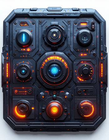 At the heart of a starships bridge or a secret laboratory, this advanced command module hums with power. Its glowing blue and orange lights indicate complex operations, processing vast amounts of data for a critical mission. Each lens and dial represents a vital system, a gateway to immense technological capability and control.の素材