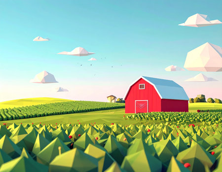 A vibrant, low-poly world where modern technology and idyllic farm life merge. A classic red barn stands proudly amidst geometric fields under a clear blue sky, symbolizing a future of sustainable agriculture, growth, and digital innovation in the countryside.の素材