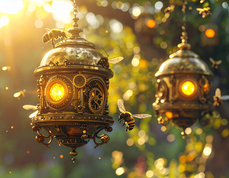 In an enchanted forest bathed in the warm glow of a setting sun, intricate steampunk lanterns hang like mechanical fruit. These are symbiotic hives for a swarm of mechanical bees, buzzing with purpose as they power this magical, retrofuturistic ecosystem in a scene of harmony between nature and invention.の素材