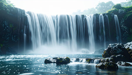 A majestic waterfall cascades over a wide cliff, its water transformed into a silky, ethereal veil by a long exposure. The powerful yet serene flow creates a sense of tranquility and natural harmony, inviting the viewer to a moment of peaceful escape in a pristine, untouched wilderness.の素材