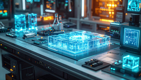 In a state-of-the-art laboratory, a revolutionary quantum computer core hums with power, its intricate blue circuits glowing with processed data. This scene represents a major breakthrough in artificial intelligence and the future of high-speed computing.の素材