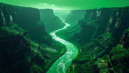 A luminous, emerald river carves its path through a deep, mysterious canyon, casting an otherworldly green glow on the towering cliffs. This surreal landscape evokes a sense of alien beauty, magic, and unexplored frontiers, perfect for themes of fantasy or adventure.の素材