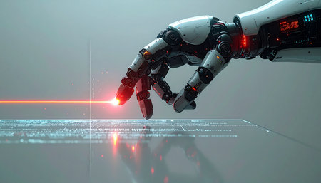 In a glimpse of the future, a sophisticated robotic hand makes contact with a transparent digital interface. A red laser beam from its fingertip scans or activates the system, symbolizing the seamless integration of artificial intelligence and human-machine interaction.の素材