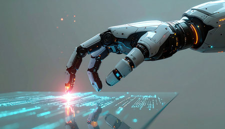 A sophisticated robotic hand reaches out, its fingertip igniting a cascade of light and data upon a digital surface. This moment captures the seamless integration of artificial intelligence and the virtual world, symbolizing the dawn of a new technological era and the power of innovation.の素材