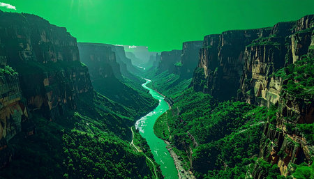 An aerial journey over a mysterious and otherworldly landscape, where a vibrant green river carves its path through a deep, ancient gorge. This surreal scene evokes a sense of fantasy, adventure, and the discovery of an unknown, enchanted world.の素材