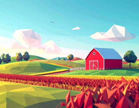 A vibrant red barn stands as a beacon of simplicity in a digitally rendered, low-poly world. Rolling green hills and a bountiful red crop field create an idyllic and peaceful vision of modern agriculture and serene country living.の素材