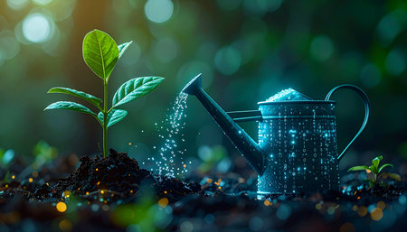 In a mystical garden under a soft glow, a watering can showers a young sapling with life-giving, sparkling water. This image represents the delicate process of nurturing new ideas, growth, and the promise of a sustainable future.の素材