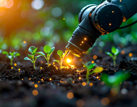 In a glimpse of tomorrows agriculture, a precision robotic arm gently nurtures young seedlings. Glowing with data and powered by AI, it represents a new era of sustainable, efficient farming where technology and nature collaborate for a brighter, greener future.の素材