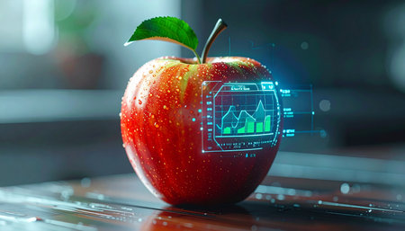 A crisp, fresh apple sits on a wet surface, its natural perfection enhanced by a glowing holographic interface. This display reveals complex data and analytics, symbolizing the intersection of nature, food science, and futuristic technology. It represents innovation in agriculture, smart nutrition, and the future of healthy living.の素材