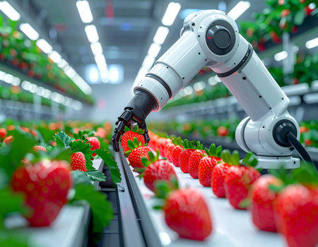 In a state-of-the-art vertical farm, a precision robotic arm carefully harvests perfectly ripe strawberries, showcasing the future of sustainable agriculture. This automated system ensures efficiency and quality, bringing fresh produce from the farm to the table with innovative technology.の素材