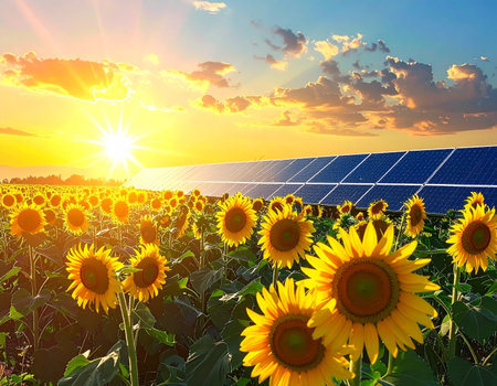 As the sun sets in a blaze of golden light, a field of vibrant sunflowers turns towards the last rays of the day. In the background, rows of solar panels stand ready, symbolizing a harmonious future where sustainable technology and natural beauty coexist to power a cleaner world.の素材