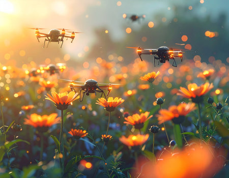 In a serene meadow bathed in the golden light of sunset, a swarm of futuristic drones mimics the work of bees, hovering over vibrant orange flowers. This image represents the harmonious synergy between technology and nature, symbolizing concepts like smart agriculture, environmental innovation, and a sustainable future.の素材