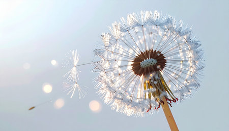 A delicate dandelion seed head, illuminated by the bright sun, releases its seeds into the gentle breeze. Each floating seed represents a new beginning, a wish carried on the wind, symbolizing hope, freedom, and the start of a new journey.の素材