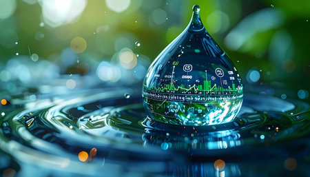 A single, perfect drop of water captures the essence of the future, reflecting a world of data, analytics, and technological progress. As it meets the surface, creating gentle ripples, it symbolizes the harmonious integration of innovation with the natural environment, suggesting a path towards sustainable growth and resource management.の素材