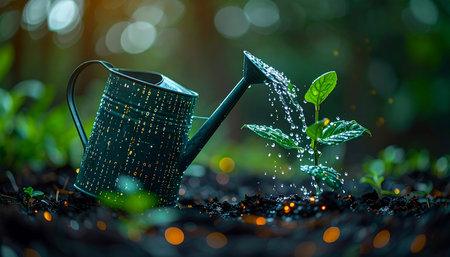 In a tranquil garden with a soft, magical glow, a watering can gently showers a young seedling. Each drop represents care and investment, nurturing the fragile sprout as it reaches for the light, symbolizing new beginnings, potential, and sustainable growth.の素材
