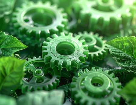 A macro view reveals the intricate synergy between green technology and the natural world. Translucent gears, symbolizing industrial innovation, mesh seamlessly with fresh leaves, representing a future where industry operates in harmony with the environment. This concept illustrates sustainable solutions and eco-friendly engineering.の素材