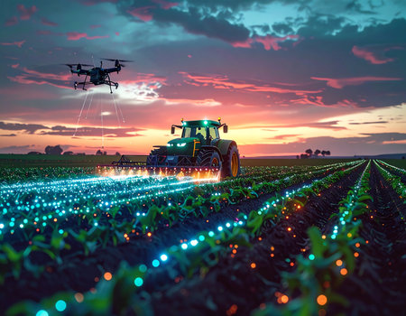 At the twilight of a new era, an autonomous tractor and an AI-guided drone work in perfect synergy. Luminous data points on the crops visualize real-time analytics, showcasing the future of precision agriculture and sustainable, high-tech farming.の素材