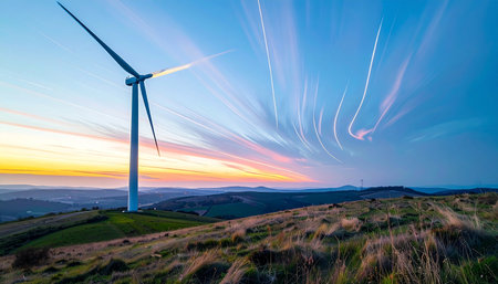 As the sun sets, casting a warm glow across the rolling hills, a solitary wind turbine stands as a beacon of progress. Its blades slice silently through the twilight sky, a testament to sustainable power and a cleaner future for generations to come.の素材