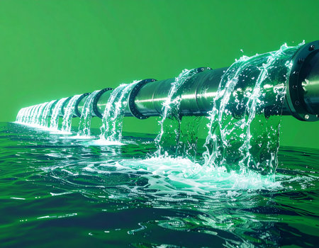 A large industrial pipeline releases streams of water into a vast body of water under an eerie green glow. This powerful visual can represent concepts from environmental pollution and wastewater management to futuristic water purification systems and sustainable resource technology.の素材