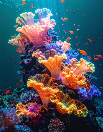 Sunlight filters through the deep blue water, illuminating a breathtaking underwater garden. Vibrant pink and orange corals sway gently in the current, providing a bustling home for a school of tiny, colorful fish. This is a snapshot of a thriving, delicate marine ecosystem in perfect harmony.の素材