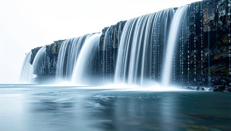 A long exposure captures the serene and powerful cascade of a wide waterfall. The water flows like silk over a dark, rugged cliff into a tranquil pool, creating a scene of natural beauty and peacefulness against a clean, white sky.の素材