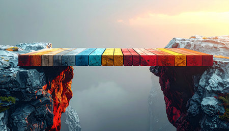 A vibrant bridge constructed from colorful books stretches across a daunting chasm, connecting two rugged cliffs. This conceptual image symbolizes the power of knowledge, education, and creative solutions to overcome formidable obstacles and bridge divides, leading towards a brighter horizon.の素材