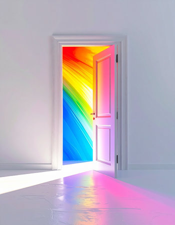 In a minimalist white room, a slightly ajar door reveals not another space, but a brilliant cascade of rainbow light, casting a colorful glow on the floor. This surreal image symbolizes a gateway to new possibilities, creativity, and a future filled with hope, diversity, and vibrant change.の素材
