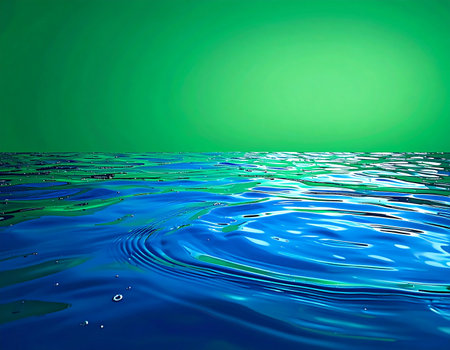 A single drop disturbs the tranquil surface of deep blue water, sending concentric ripples outward. Against a serene, glowing green backdrop, this moment captures the essence of cause and effect, serenity, and the simple beauty of fluid motion. An ideal visual for concepts of wellness, environmental purity, and calm.の素材