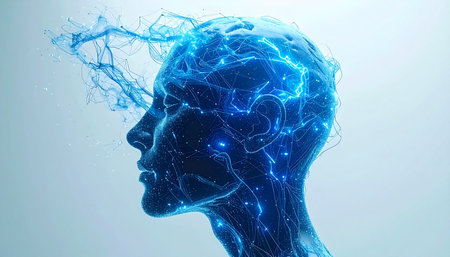 A luminous digital consciousness awakens, its neural network glowing with nascent thoughts and data streams. This represents the dawn of artificial intelligence, the future of technology, and the complex interplay between the human mind and machine learning.の素材