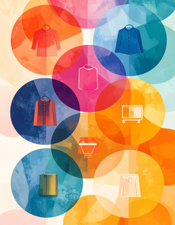 A vibrant and modern illustration representing the diverse world of fashion choices. Overlapping, colorful circles showcase various articles of clothing, symbolizing the endless possibilities in curating a personal wardrobe and the joy of self-expression through style.の素材