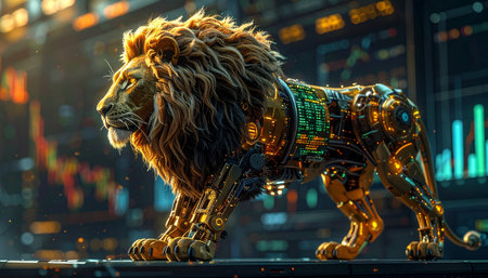 In the heart of the digital economy, a powerful robotic lion stands as the ultimate symbol of AI-driven financial strategy. Its metallic form, interwoven with glowing circuits, reflects the complex data streams of the global stock market, representing strength, innovation, and the future of intelligent investment and fintech dominance.の素材