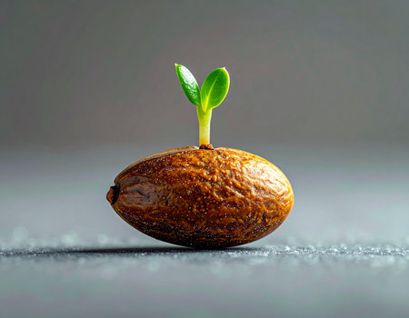 From a single, humble seed, a vibrant green sprout emerges, symbolizing the powerful start of new life. This macro shot captures the essence of growth, potential, and the promising beginning of a new journey against a clean, minimalist background.の素材
